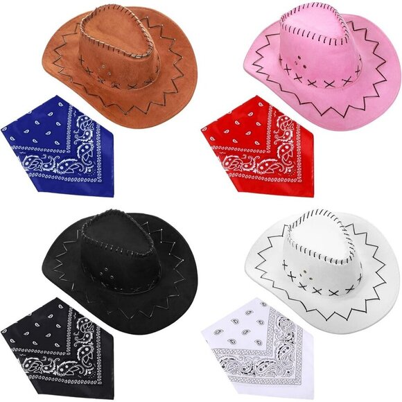 Cowboy Hat Set Faux Suede 4-Pack with Bandanas Western Cosplay Accessories